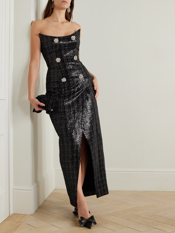 Balmain Strapless embellished sequined metallic tweed gown