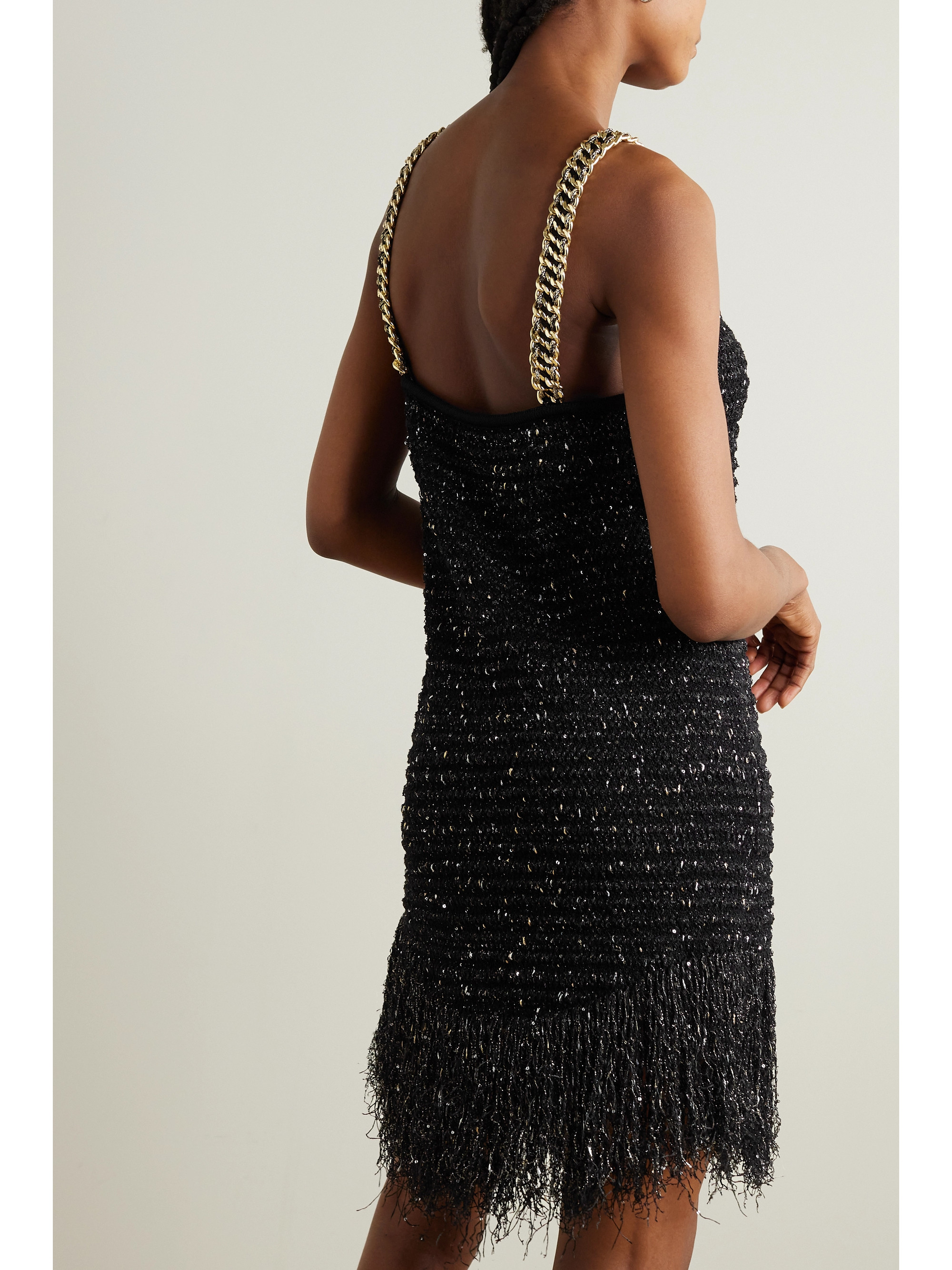 Balmain Chain-embellished fringed sequined bouclé-tweed mini dress