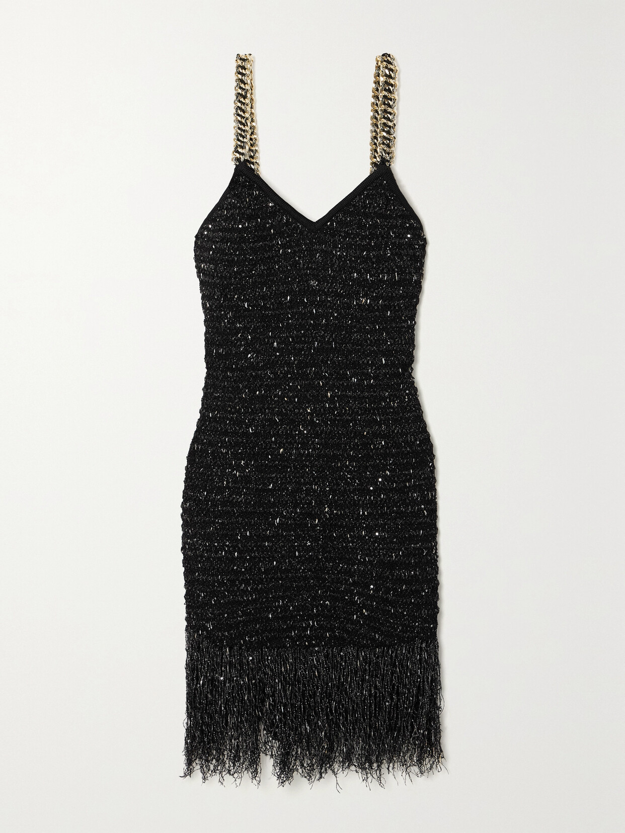 Shop Balmain Chain-embellished Fringed Sequined Bouclé-tweed Mini Dress In Black