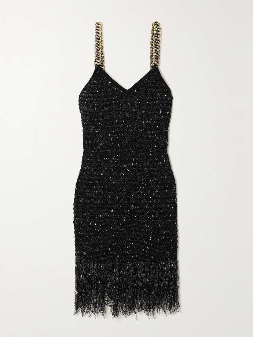 Balmain Chain-embellished Fringed Sequined Bouclé-tweed Mini Dress