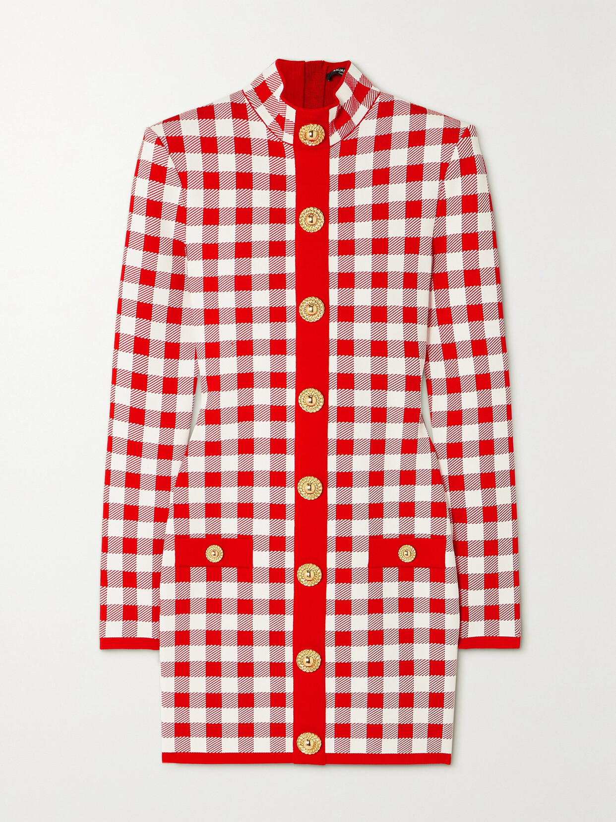 Shop Balmain Button-embelllished Gingham Jacquard-knit Mini Dress In Red