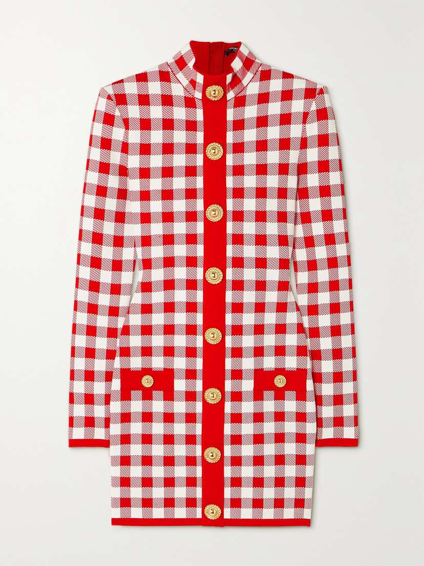 Balmain Button-embelllished Gingham Jacquard-knit Mini Dress