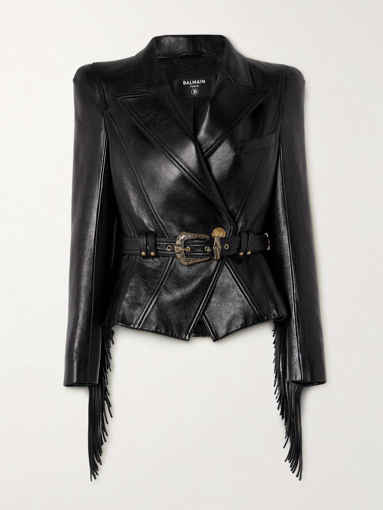 Shop Balmain Belted Fringed Leather Jacket In Black