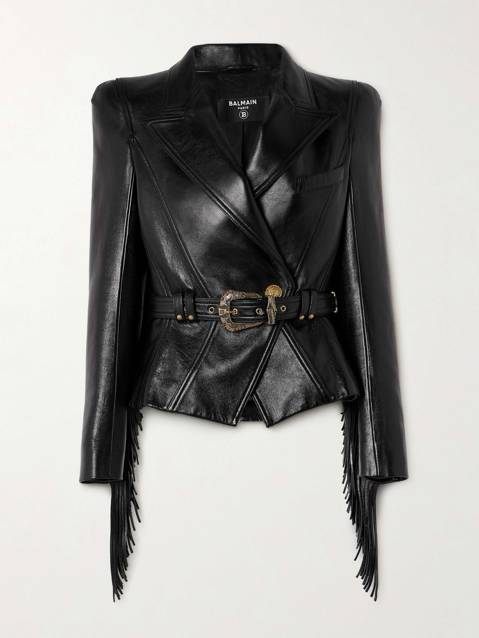 BALMAIN Belted fringed leather jacket | NET-A-PORTER