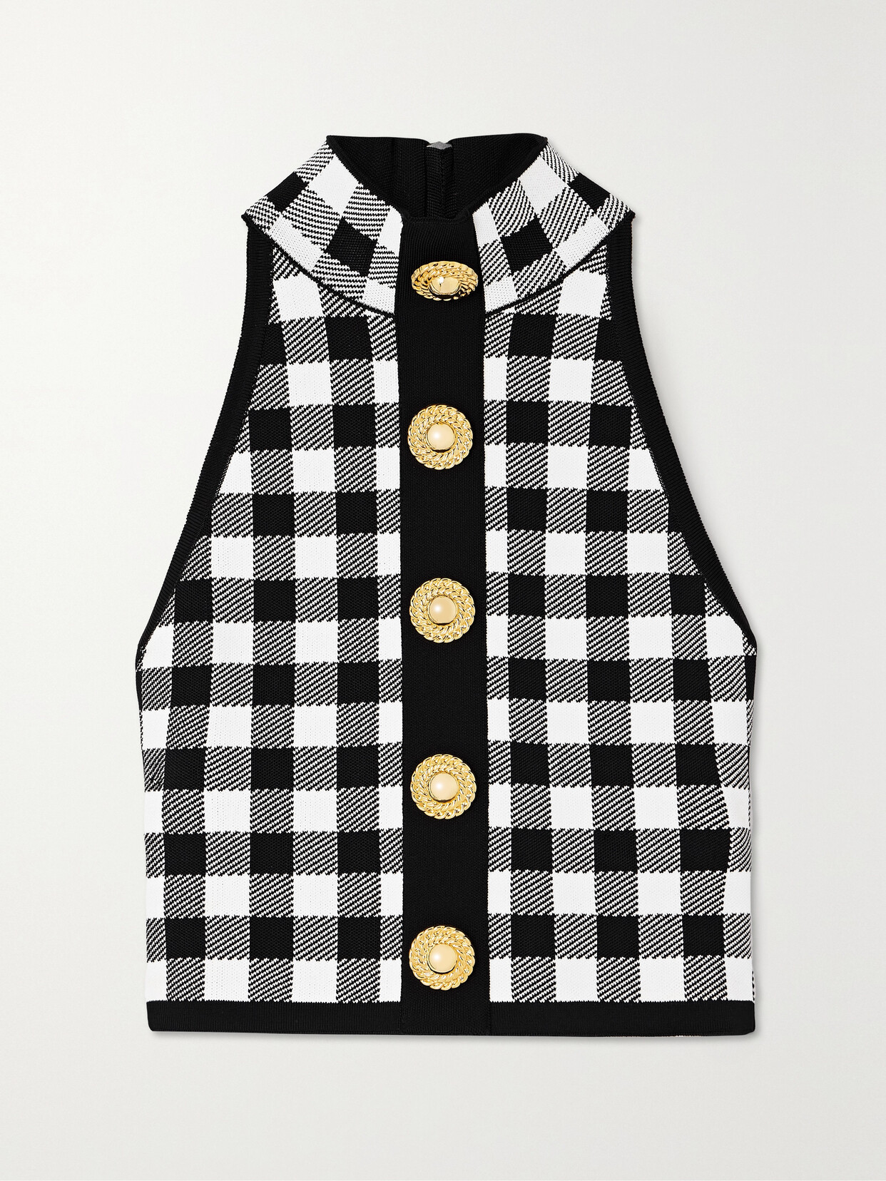 Shop Balmain Cropped Button-embellished Gingham Knitted Top In Black