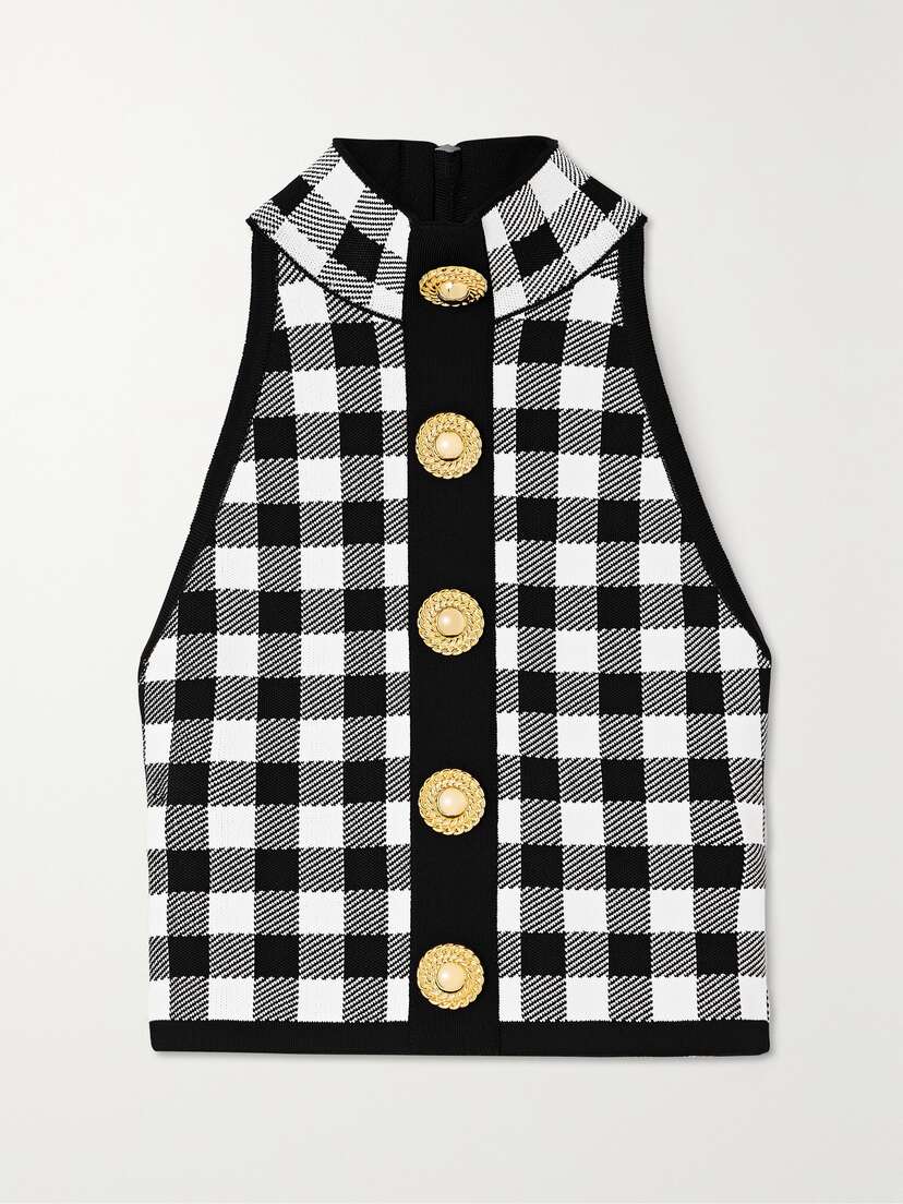 Balmain Cropped Button-embellished Gingham Knitted Top