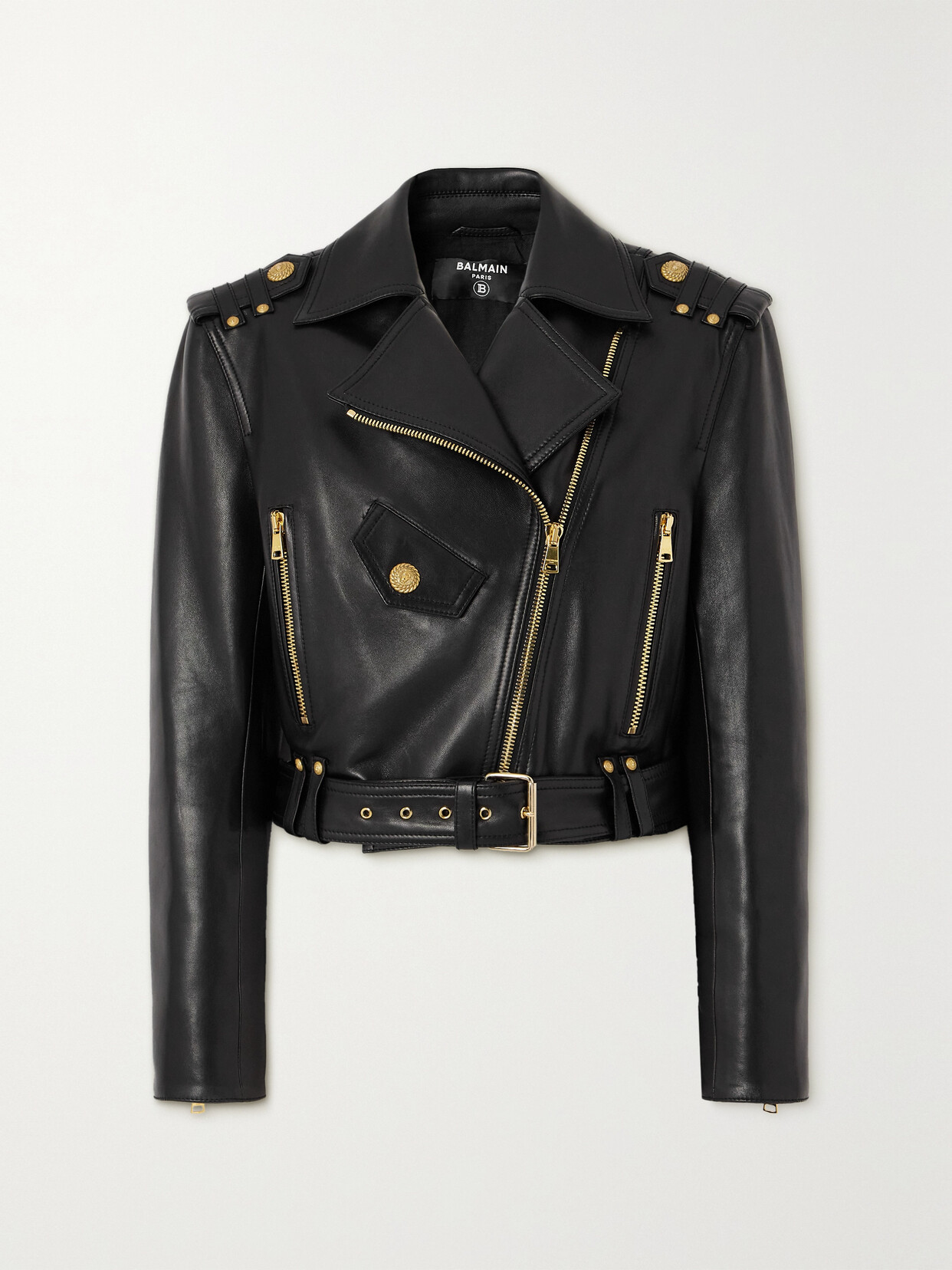 Balmain Cropped Leather Moto Jacket With Belt In Black  