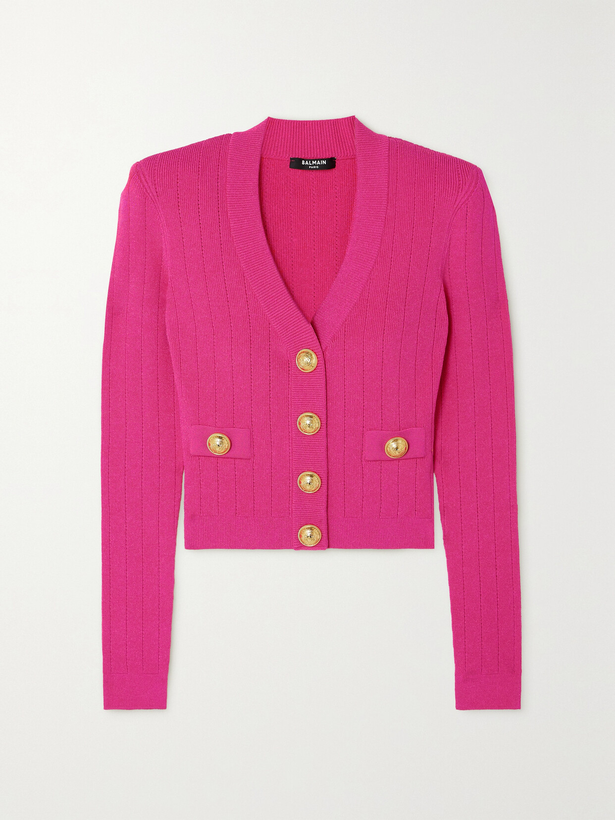 Balmain Button-embellished Ribbed-knit Cardigan - Pink
