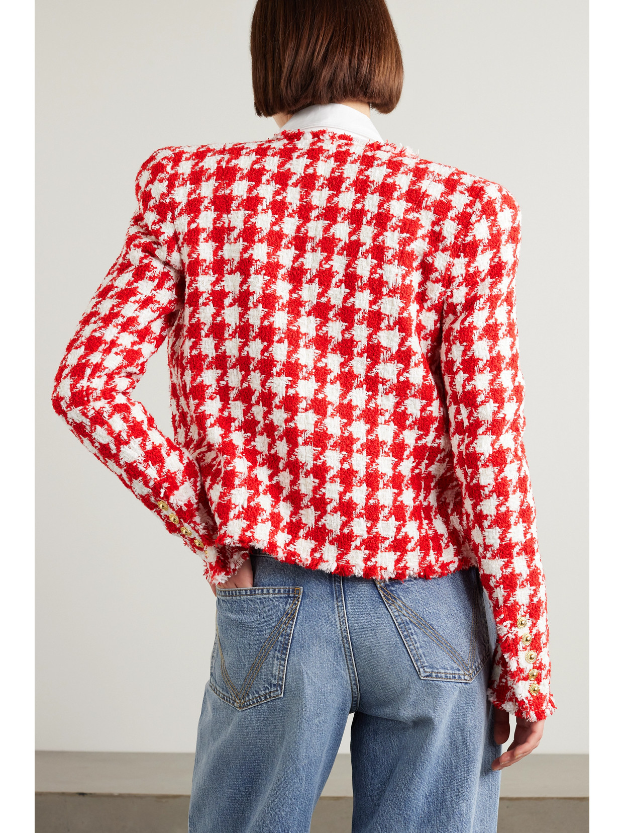 Balmain Button-embelllished Houndstooth Tweed Jacket In Red