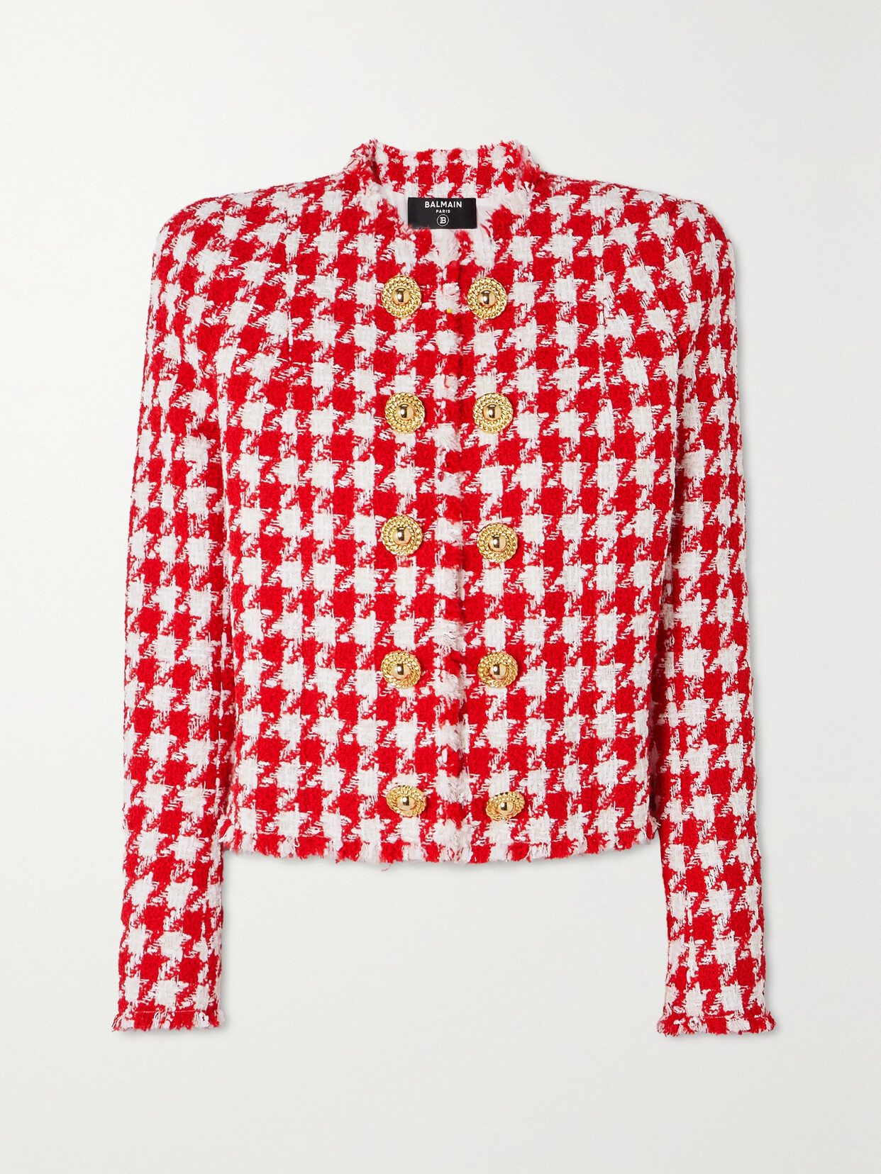 Shop Balmain Button-embelllished Houndstooth Tweed Jacket In Red