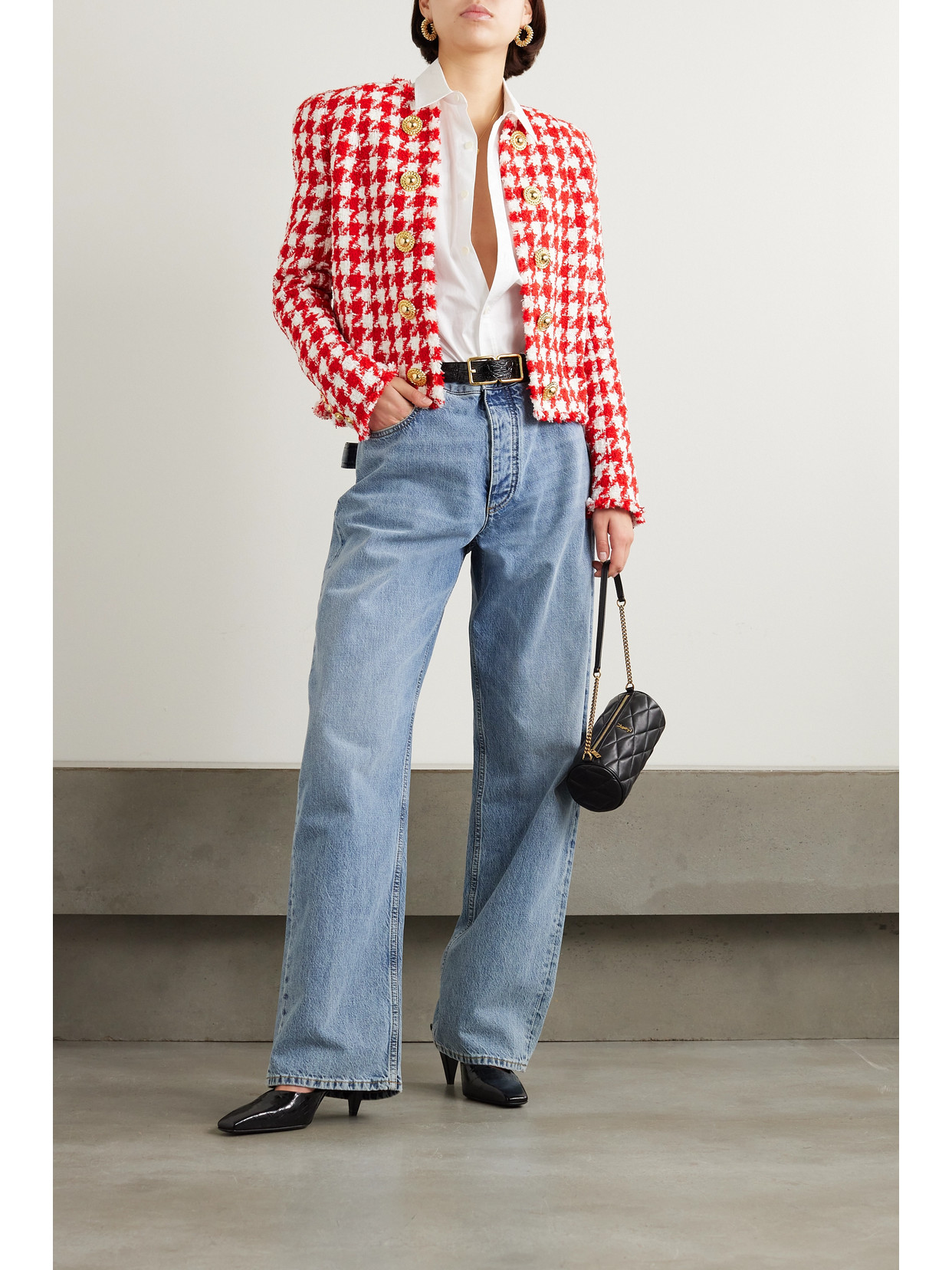 Balmain Button-embelllished Houndstooth Tweed Jacket In Red
