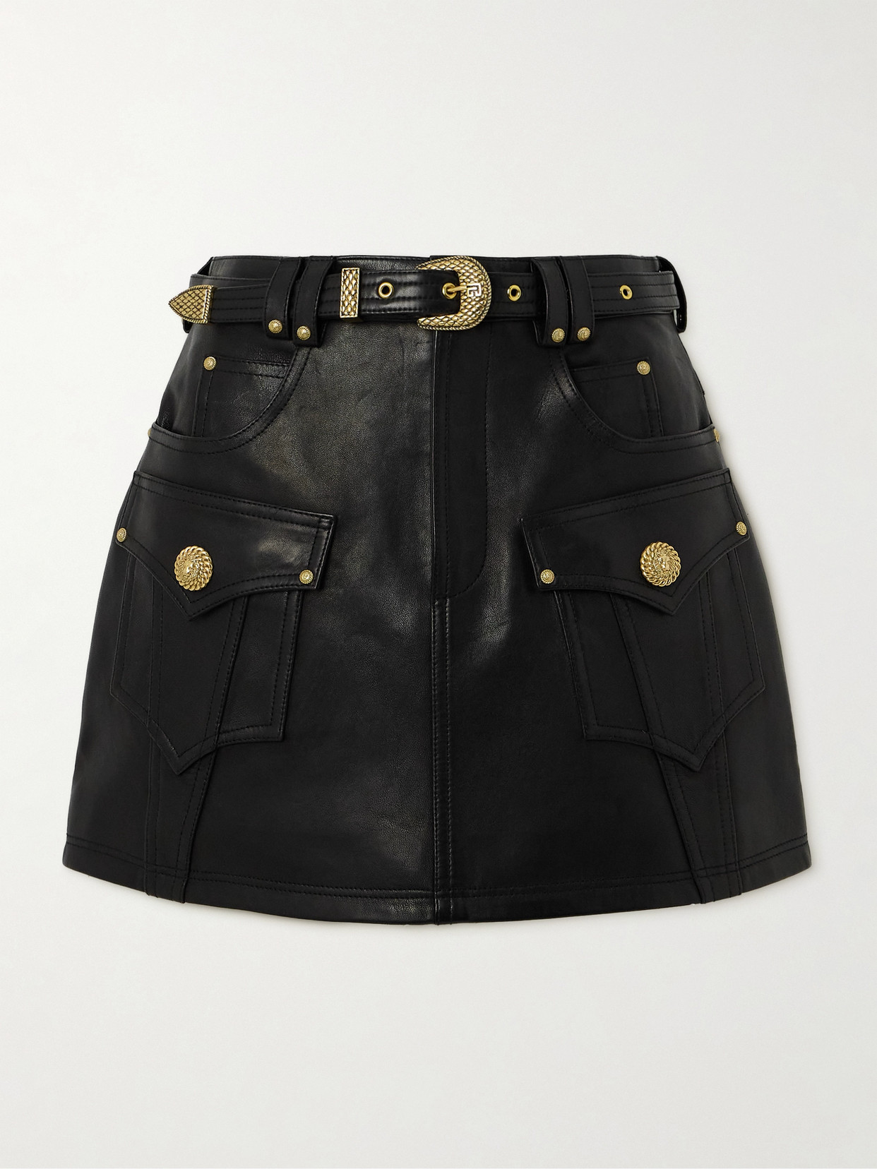 Balmain - Belted Embellished Leather Mini Skirt - Black