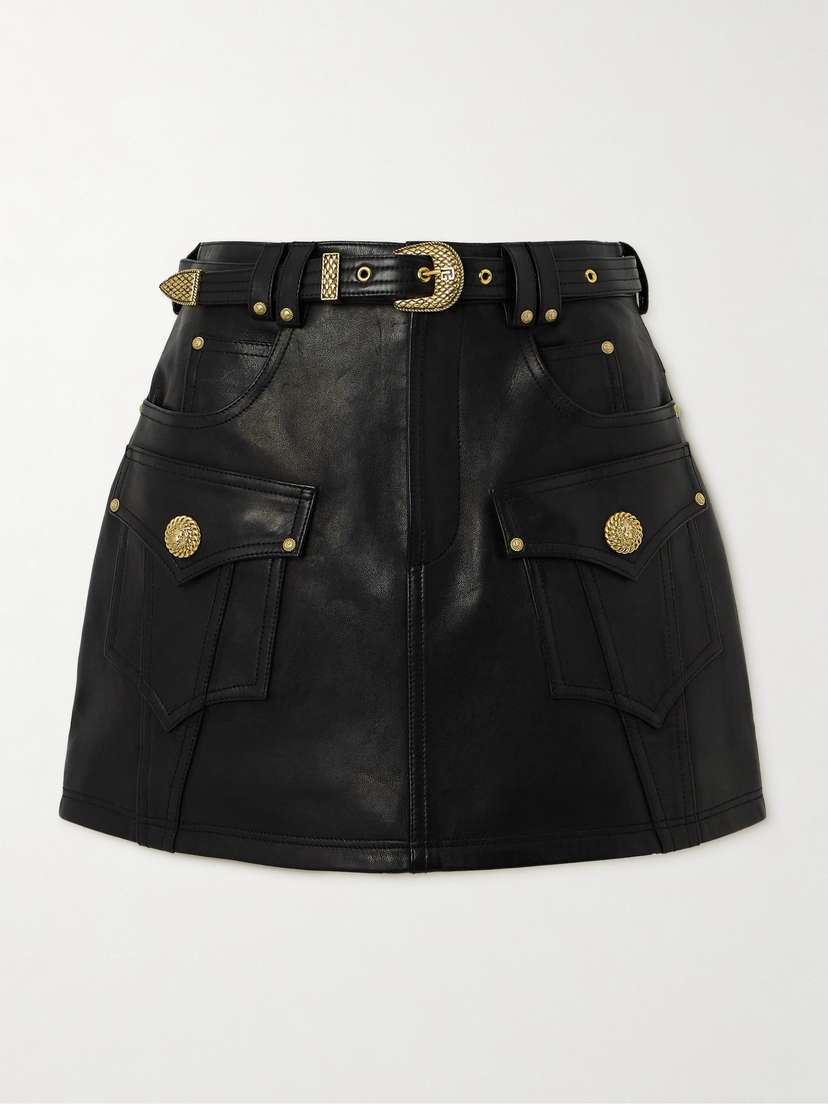 Balmain Belted Embellished Leather Mini Skirt
