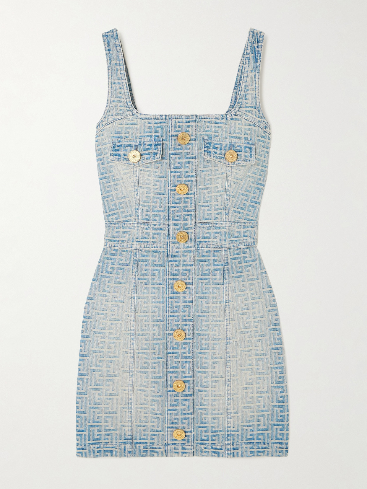 Shop Balmain Button-embellished Denim-jacquard Mini Dress In Blue