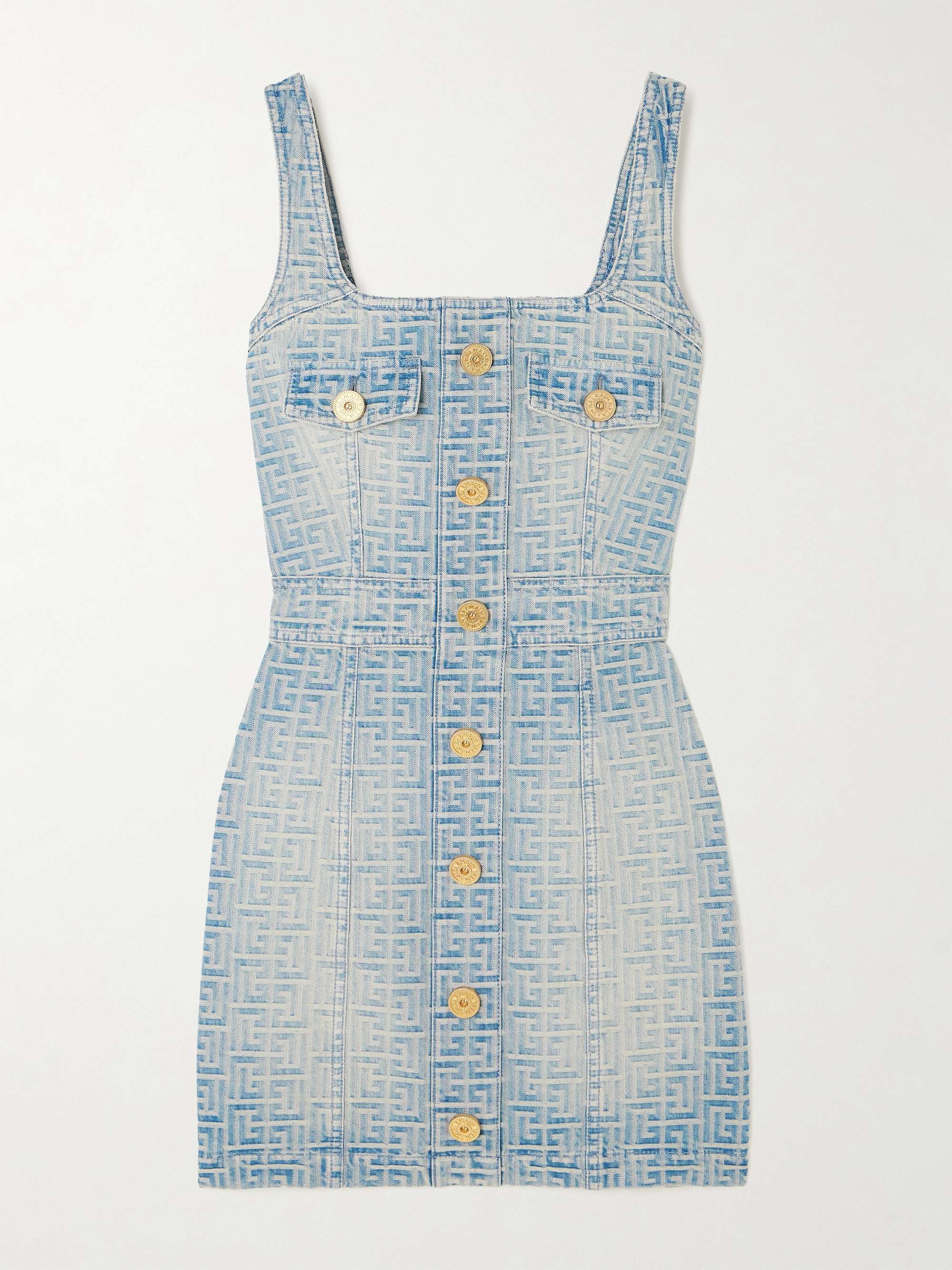 BALMAIN Button-embellished denim-jacquard mini dress | NET-A-PORTER