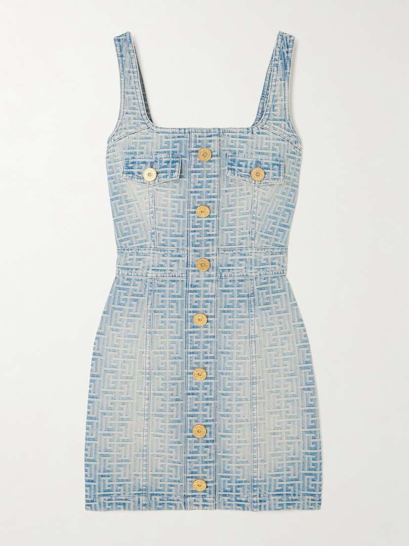 Balmain Button-embellished Denim-jacquard Mini Dress