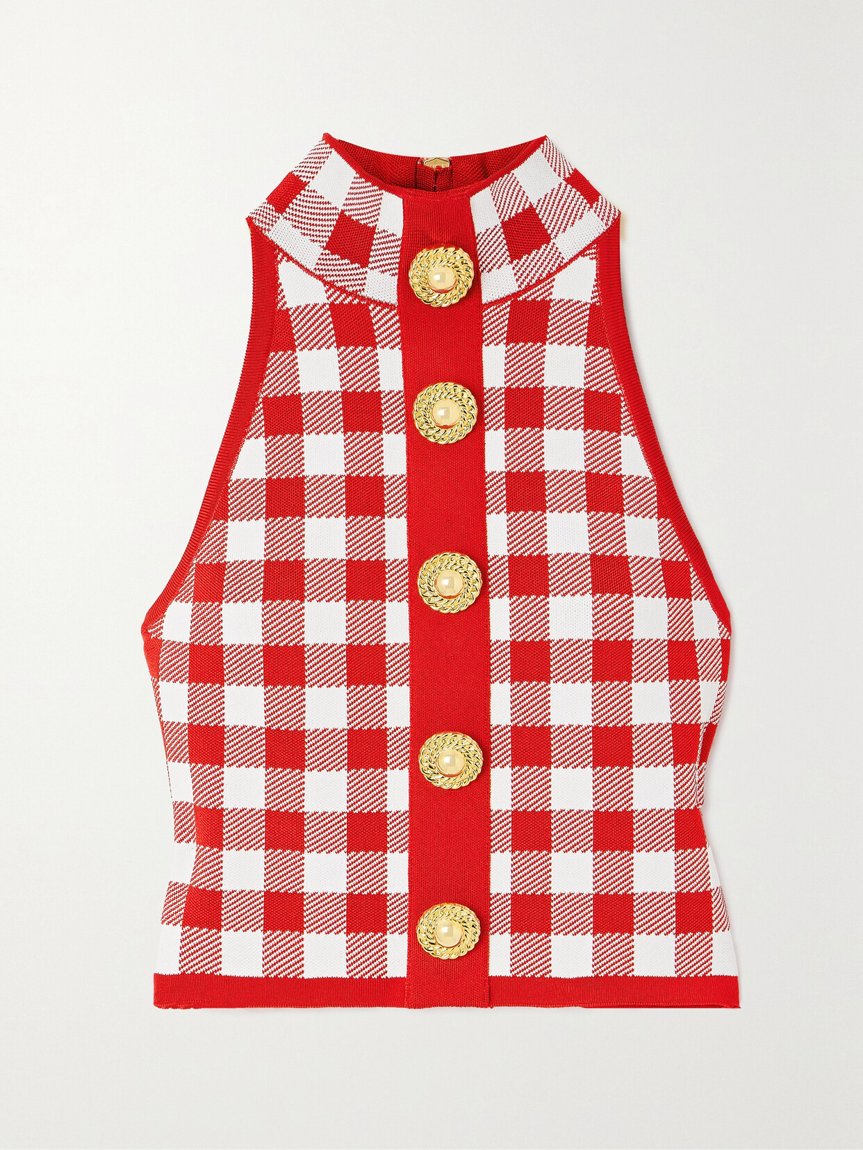 Shop Balmain Cropped Button-embellished Gingham Knitted Top In Red