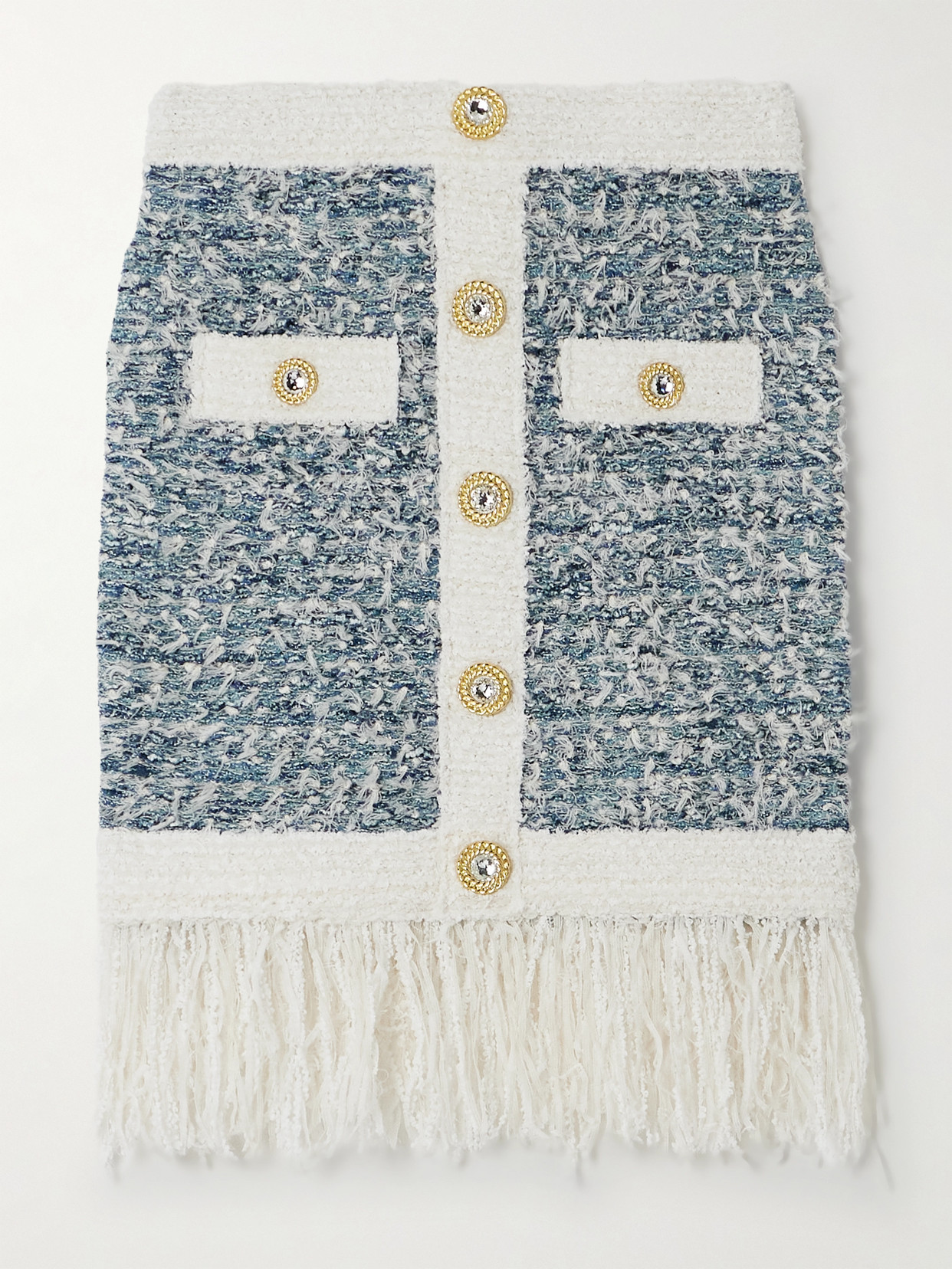 Balmain Frayed Button-embellished Tweed Mini Skirt In Blue