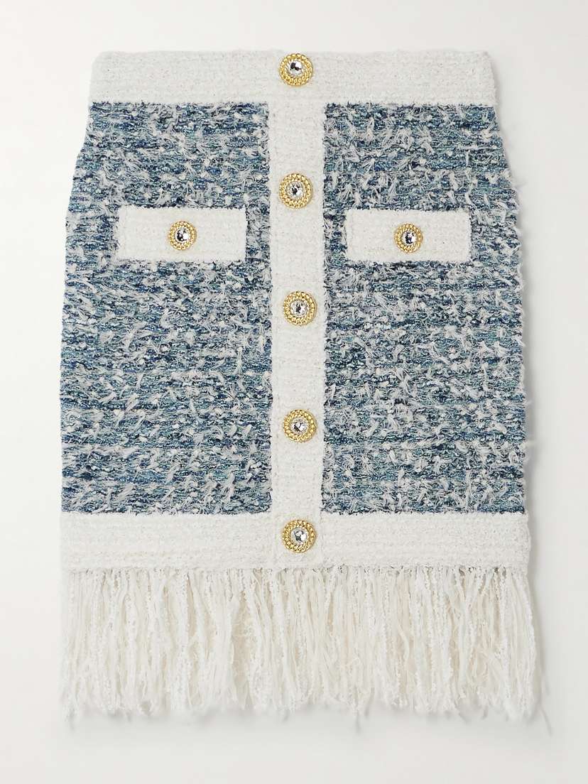 Balmain Frayed Button-embellished Tweed Mini Skirt