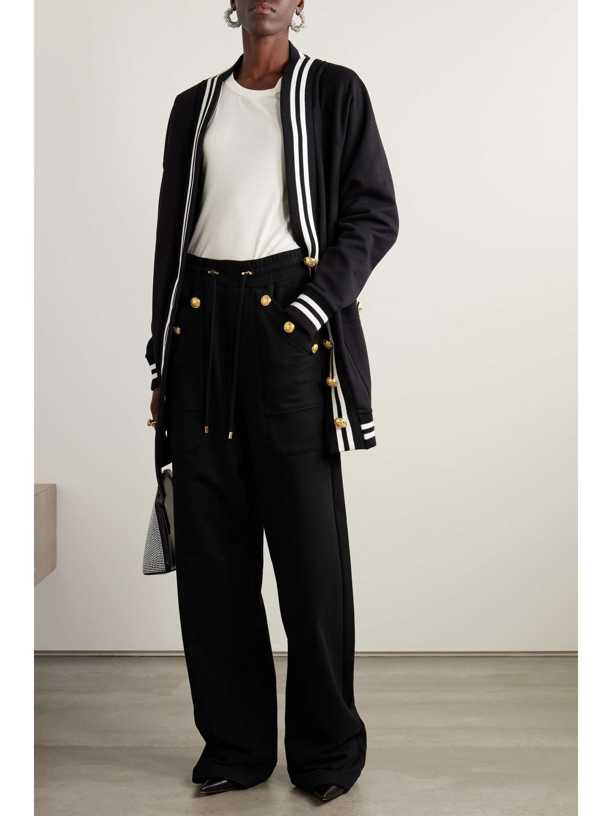 Black Button embellished cotton jersey wide leg track pants BALMAIN NET A PORTER