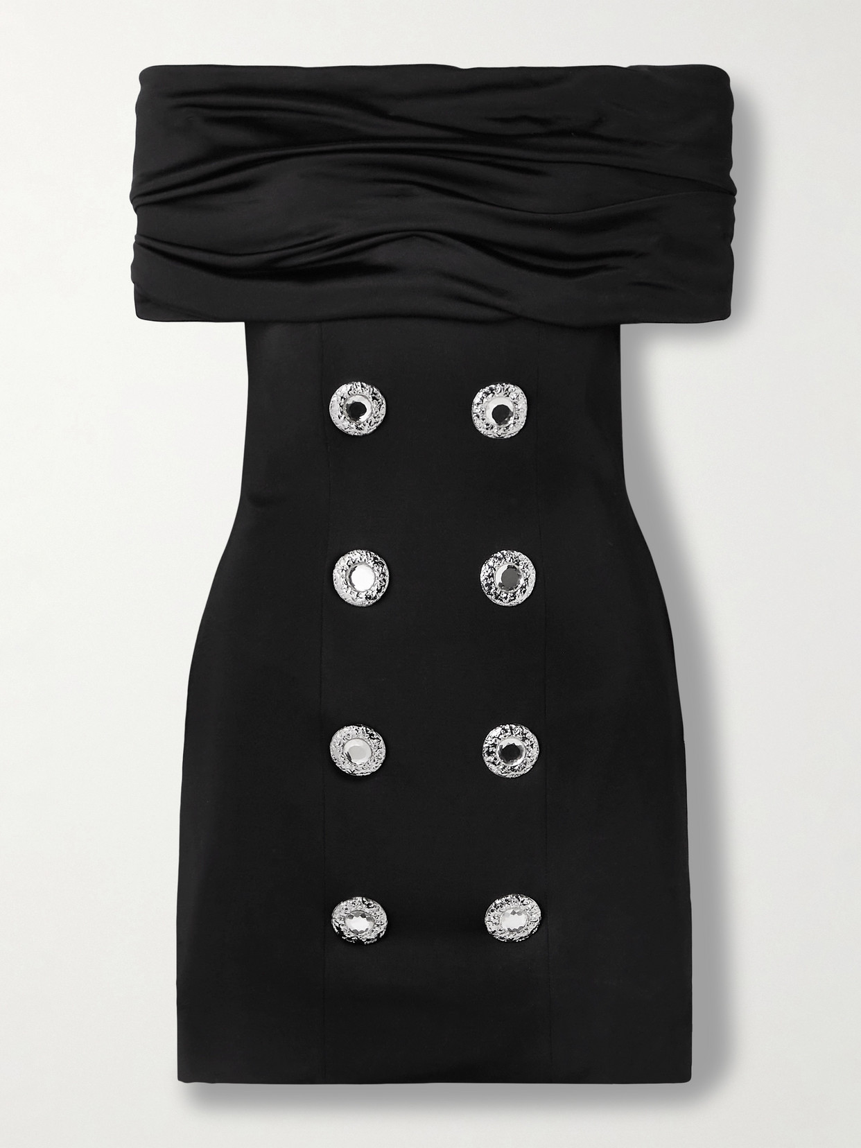 Balmain - Off-the-shoulder Embellished Ruched Jersey And Cady Mini Dress - Black