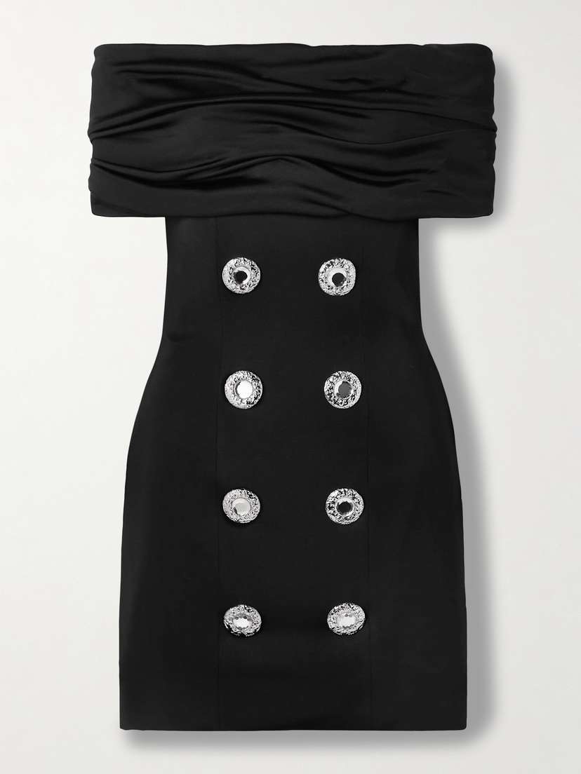 Balmain Off-the-shoulder Embellished Ruched Jersey And Cady Mini Dress