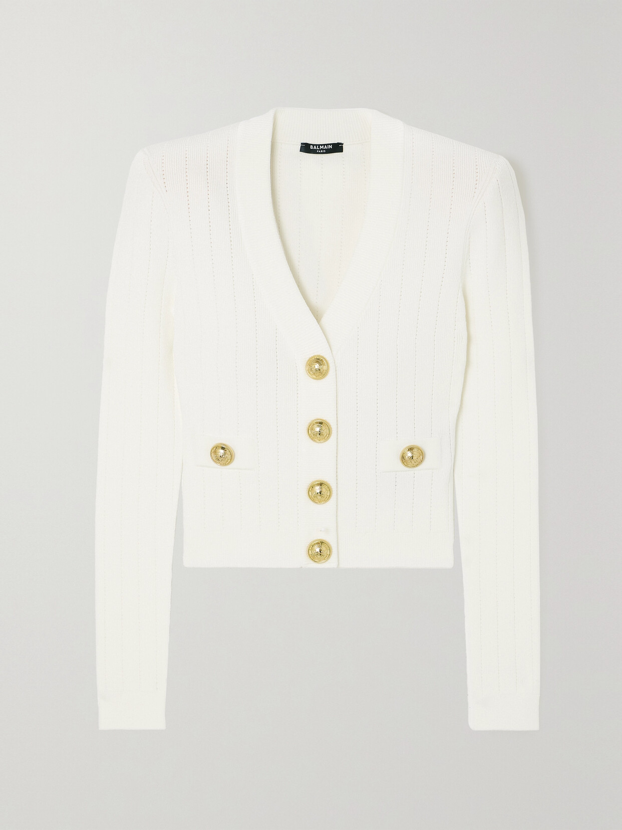 Shop Balmain Ribbed-knit Cardigan In White