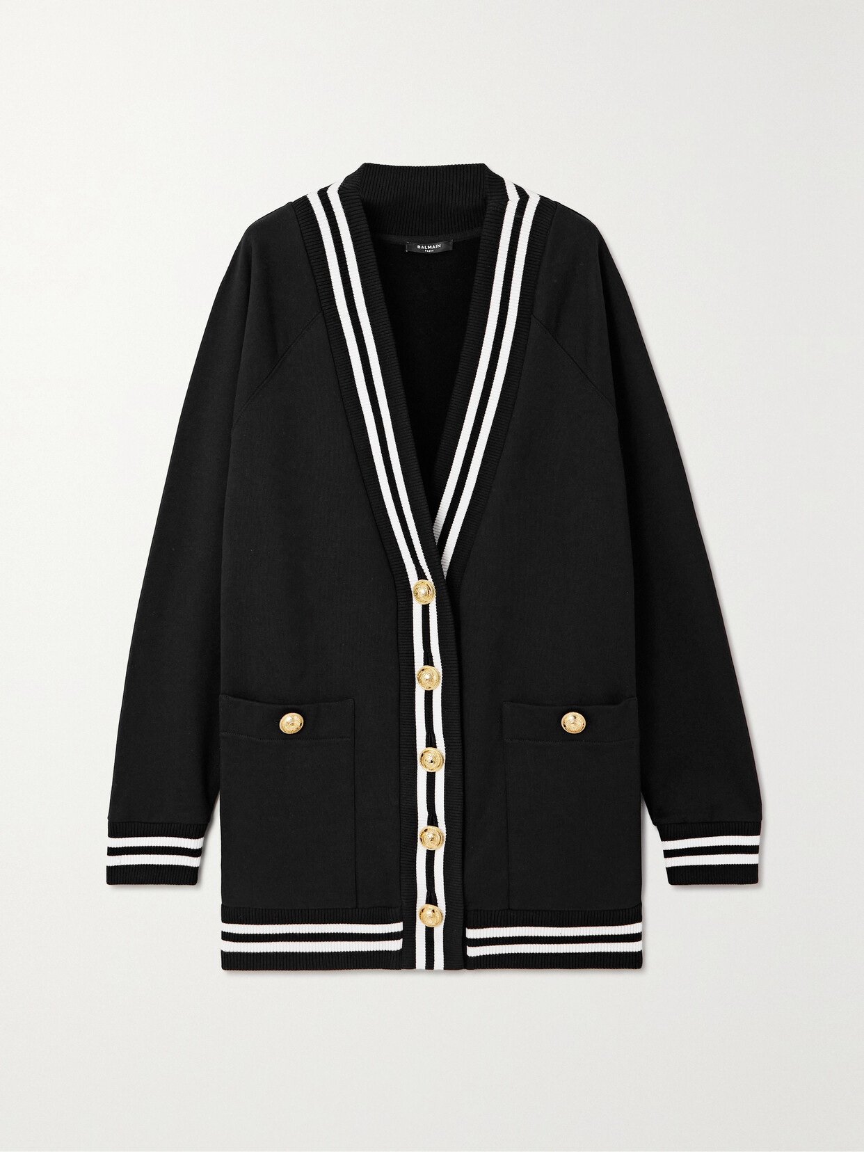 Shop Balmain Striped Organic Cotton Cardigan In Black