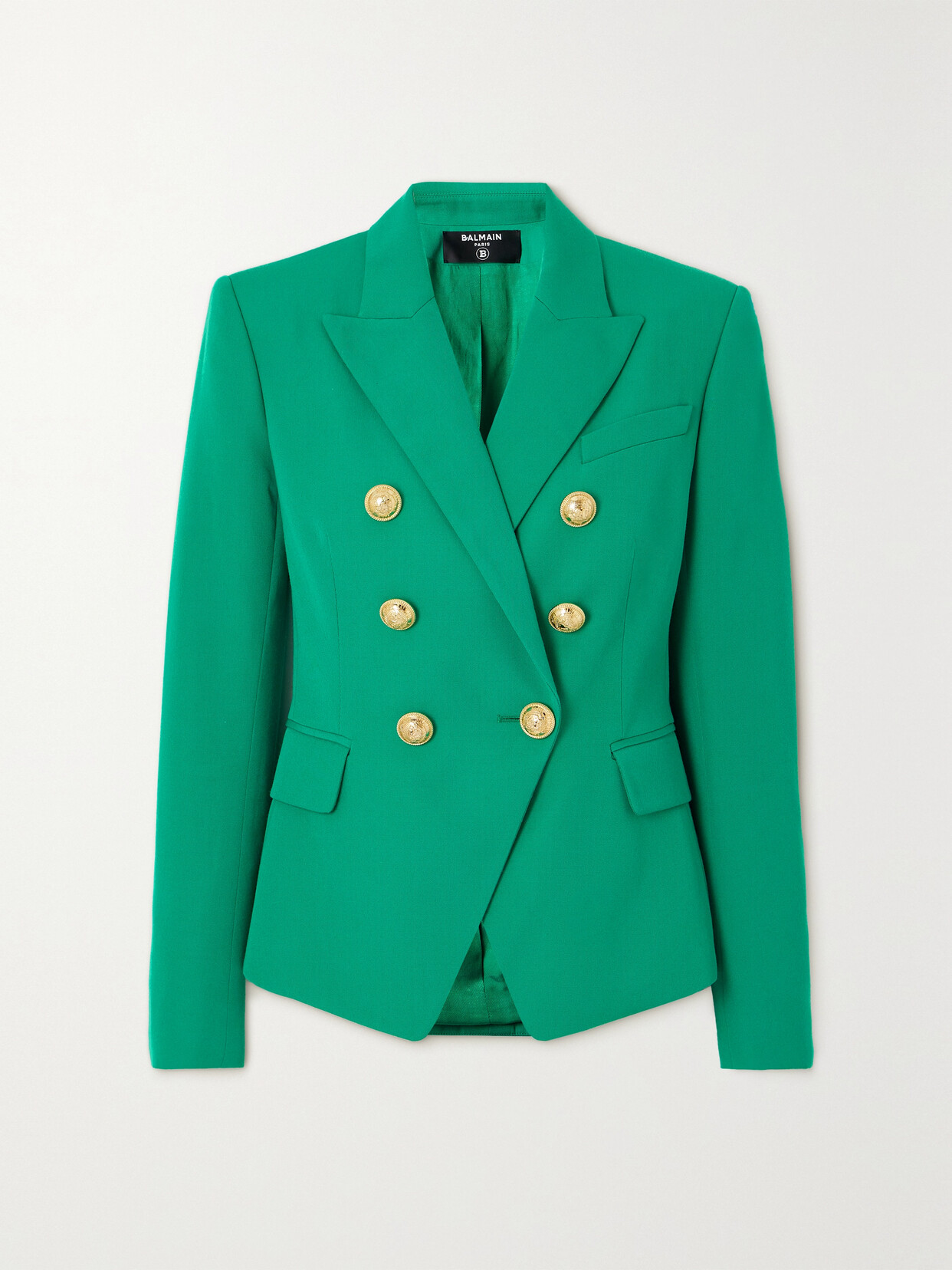 Shop Balmain Double-breasted Grain De Poudre Wool Blazer In Green