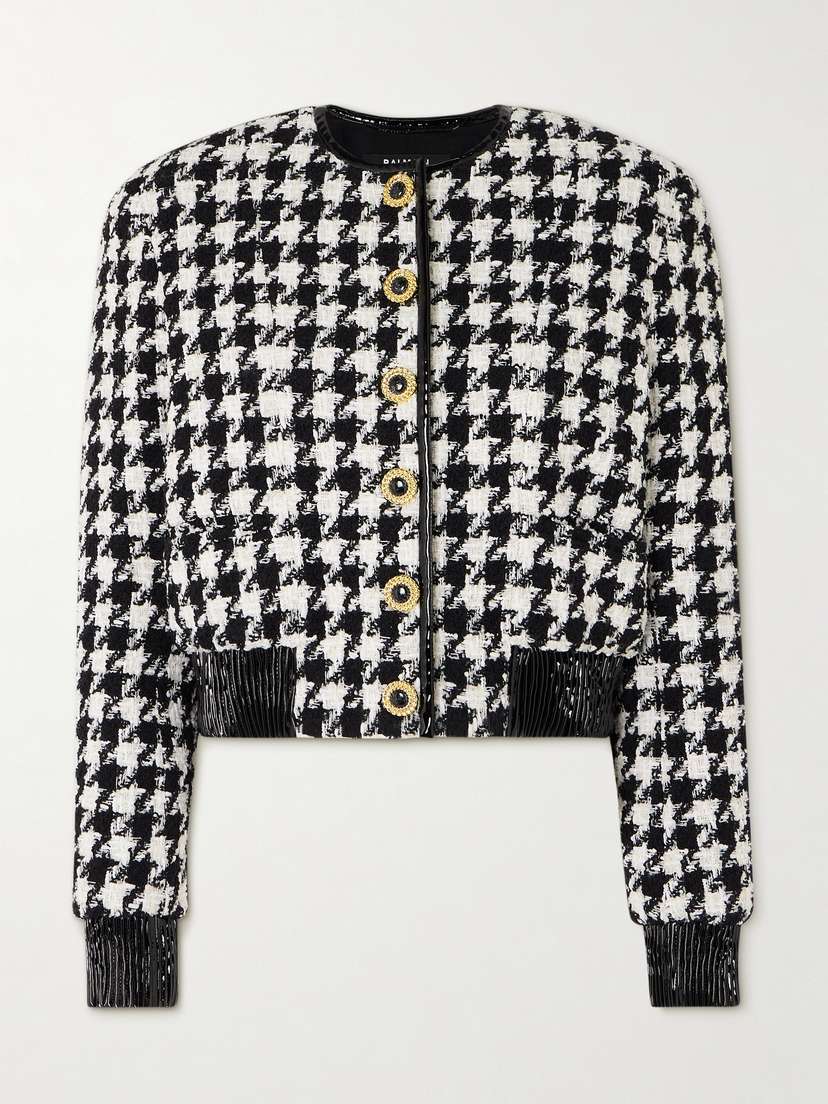 Balmain Button-embellished Faux Patent Leather-trimmed Houndstooth Tweed Jacket