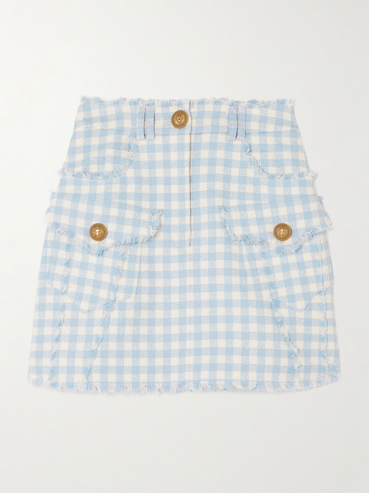 Balmain - Button-embellished Frayed Gingham Cotton-blend Tweed Mini Skirt - Blue