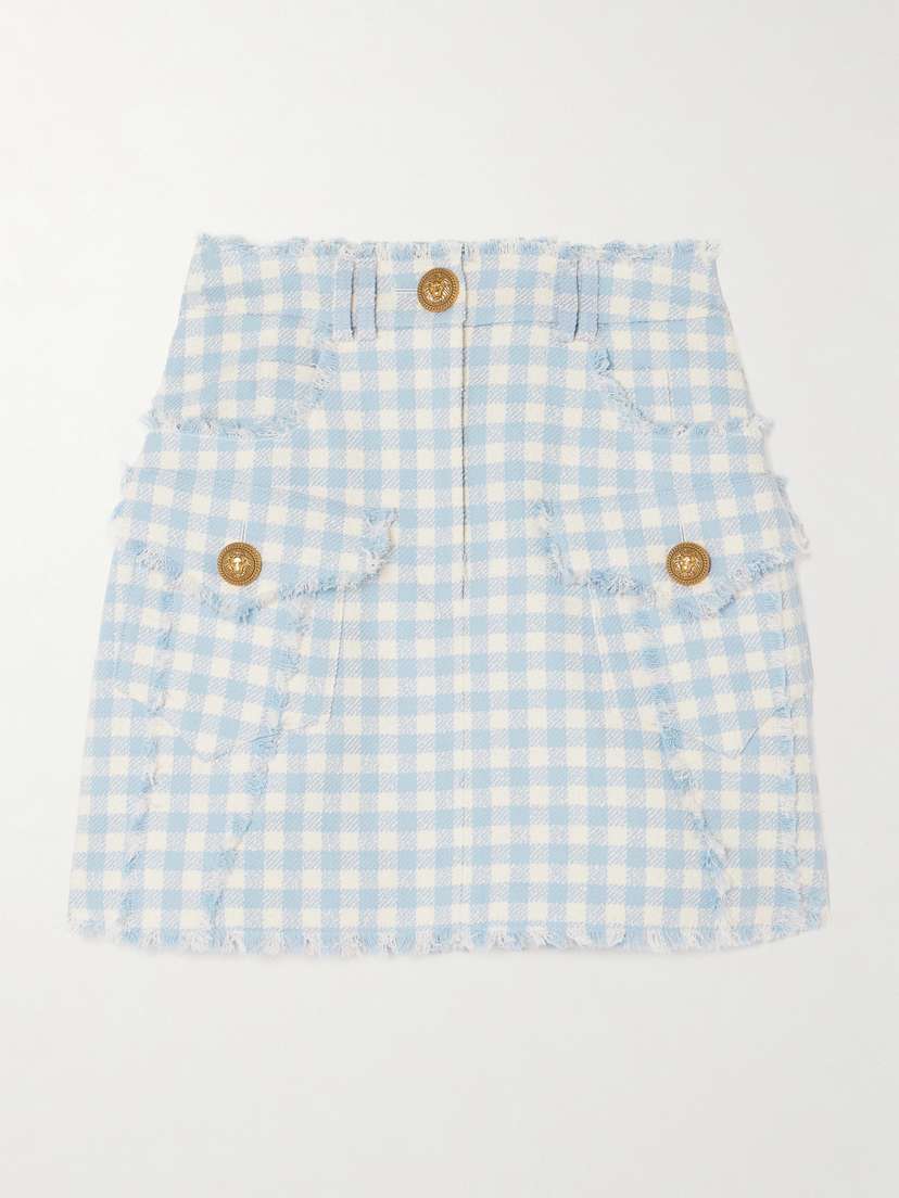 Balmain Button-embellished Frayed Gingham Cotton-blend Tweed Mini Skirt