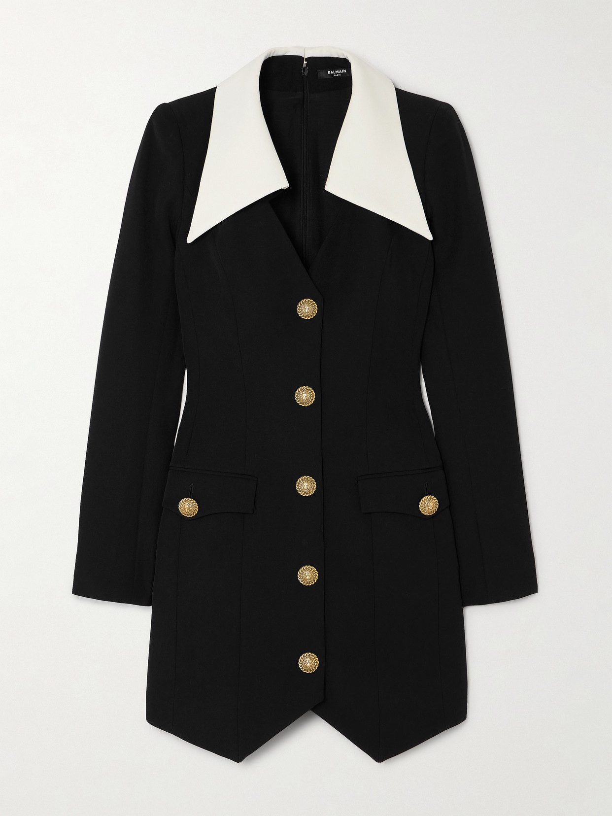 Balmain Long-sleeve Buttoned Grain De Poudre Short Dress In Black
