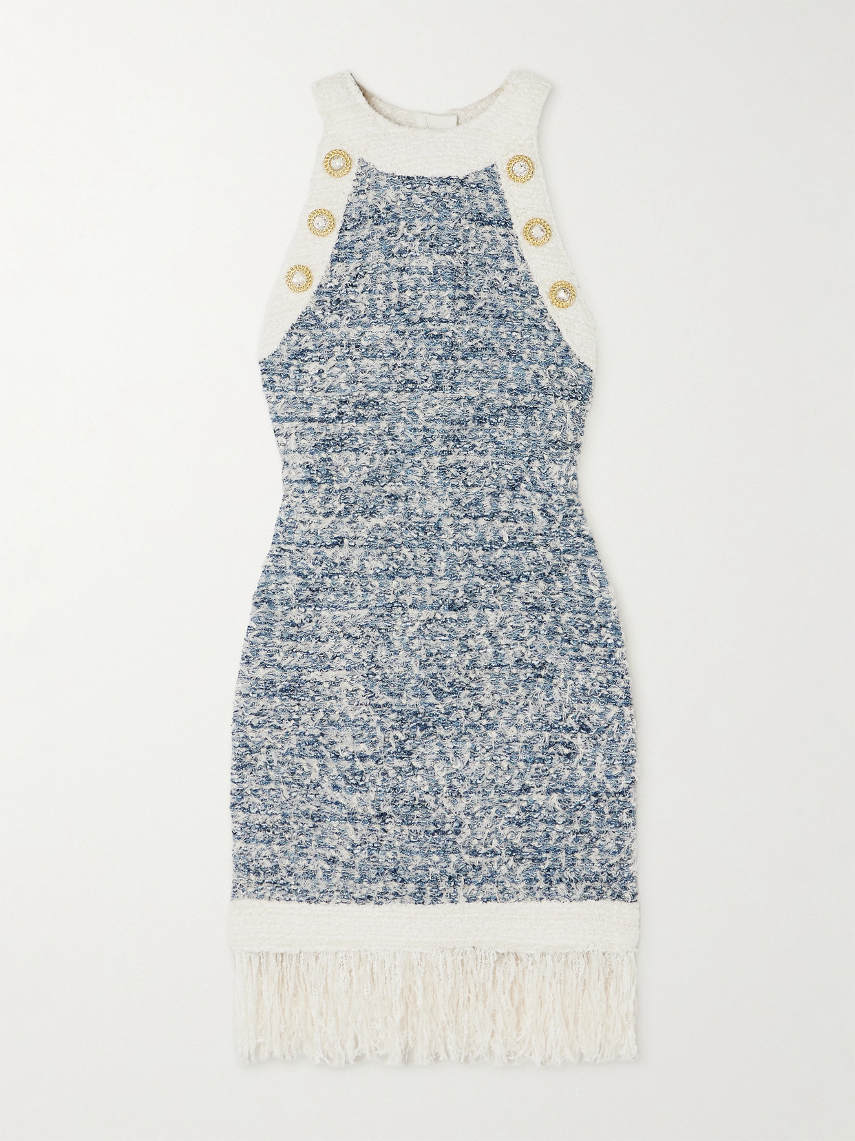 Balmain Fringed Denim Tweed Dress In Blue
