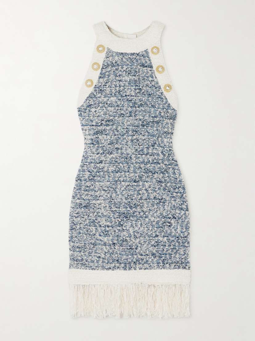 Balmain Embellished Fringed Denim-tweed Mini Dress