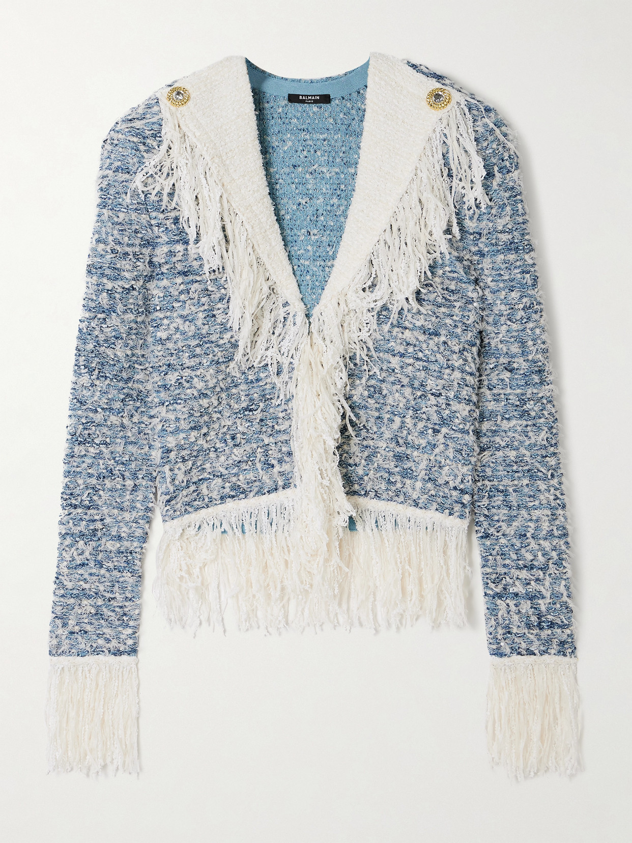 Shop Balmain Fringed Tweed Jacket In Blue