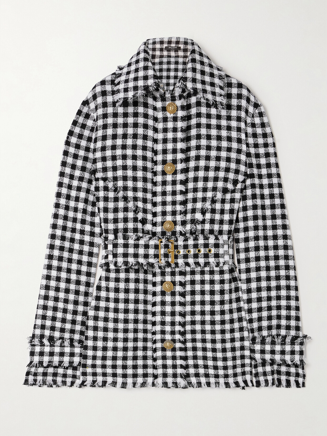 Balmain Belted Frayed Houndstooth Cotton-blend Tweed Overshirt In Black