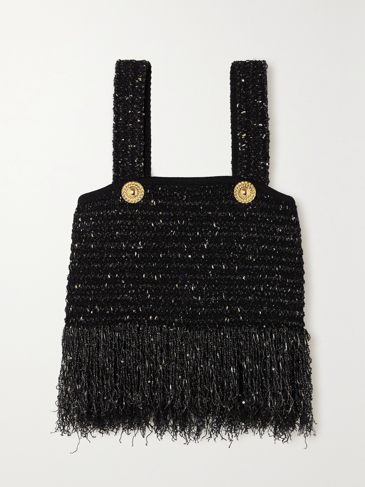 Balmain Fringed Embellished Bouclé-tweed Top In Black