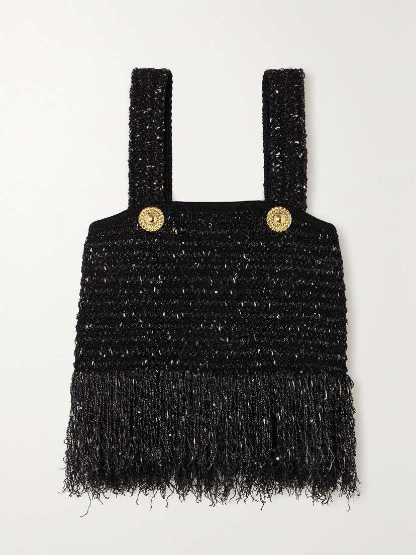 Balmain Fringed Embellished Bouclé-tweed Top