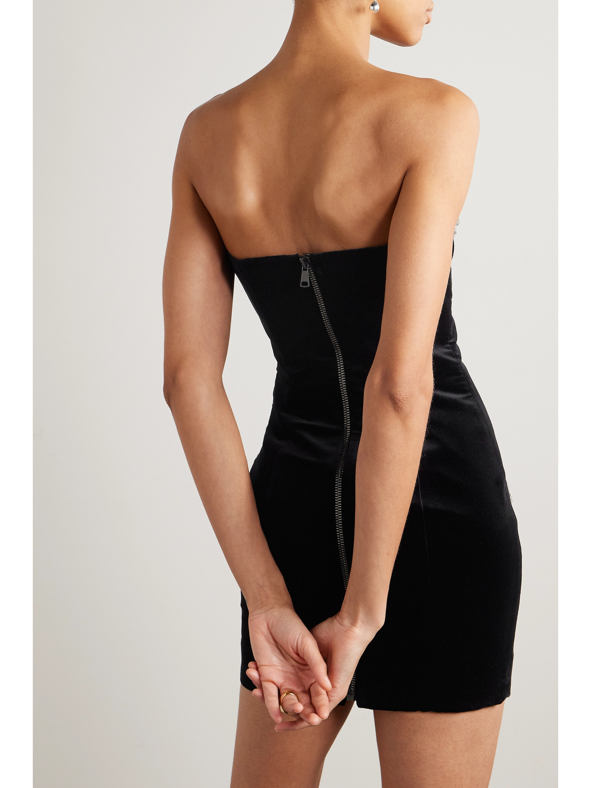 Balmain Strapless embellished cotton-velvet mini dress