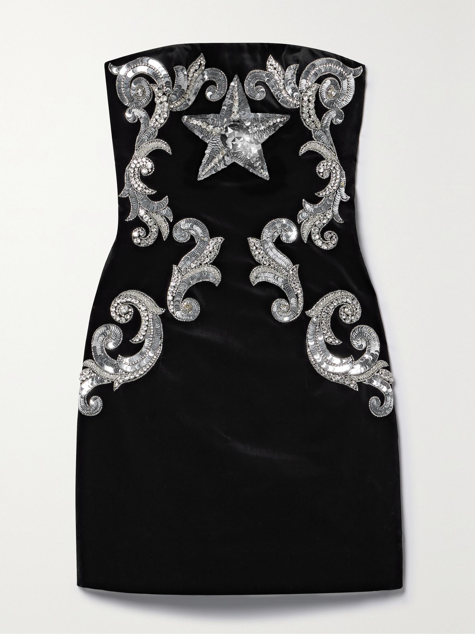 Balmain Strapless embellished cotton-velvet mini dress