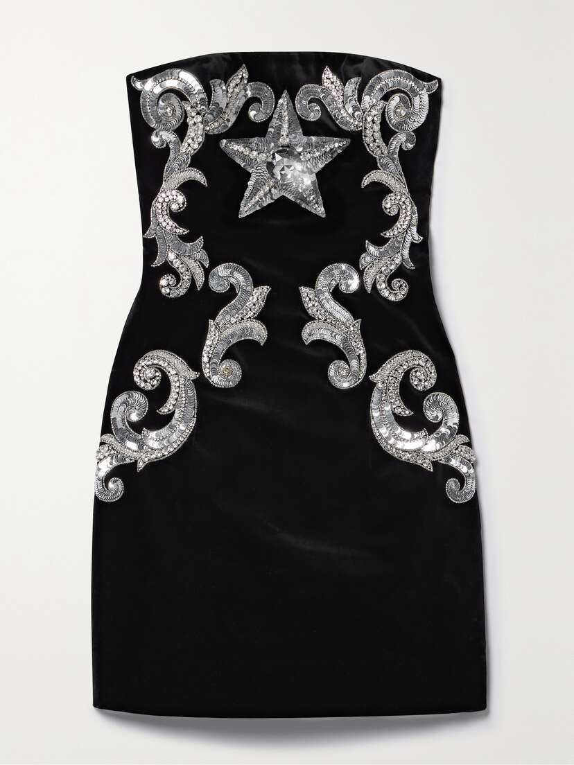Balmain Strapless Embellished Cotton-velvet Mini Dress