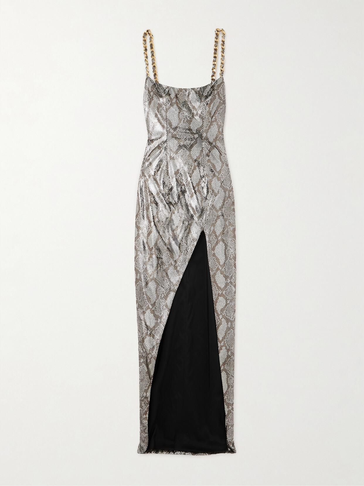 Balmain - Chain-embellished Snake-print Metallic Coated Faux Leather Maxi Dress - Silver