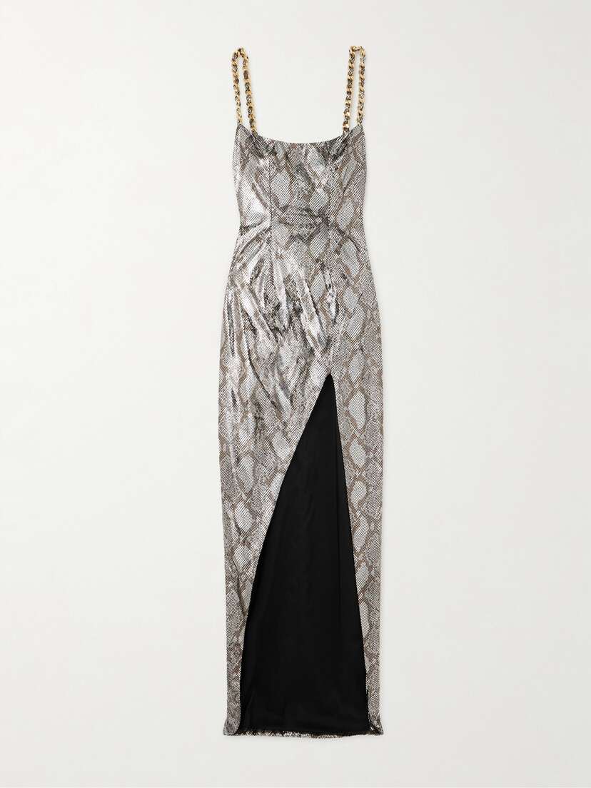 Balmain Chain-embellished Snake-print Metallic Coated Faux Leather Maxi Dress
