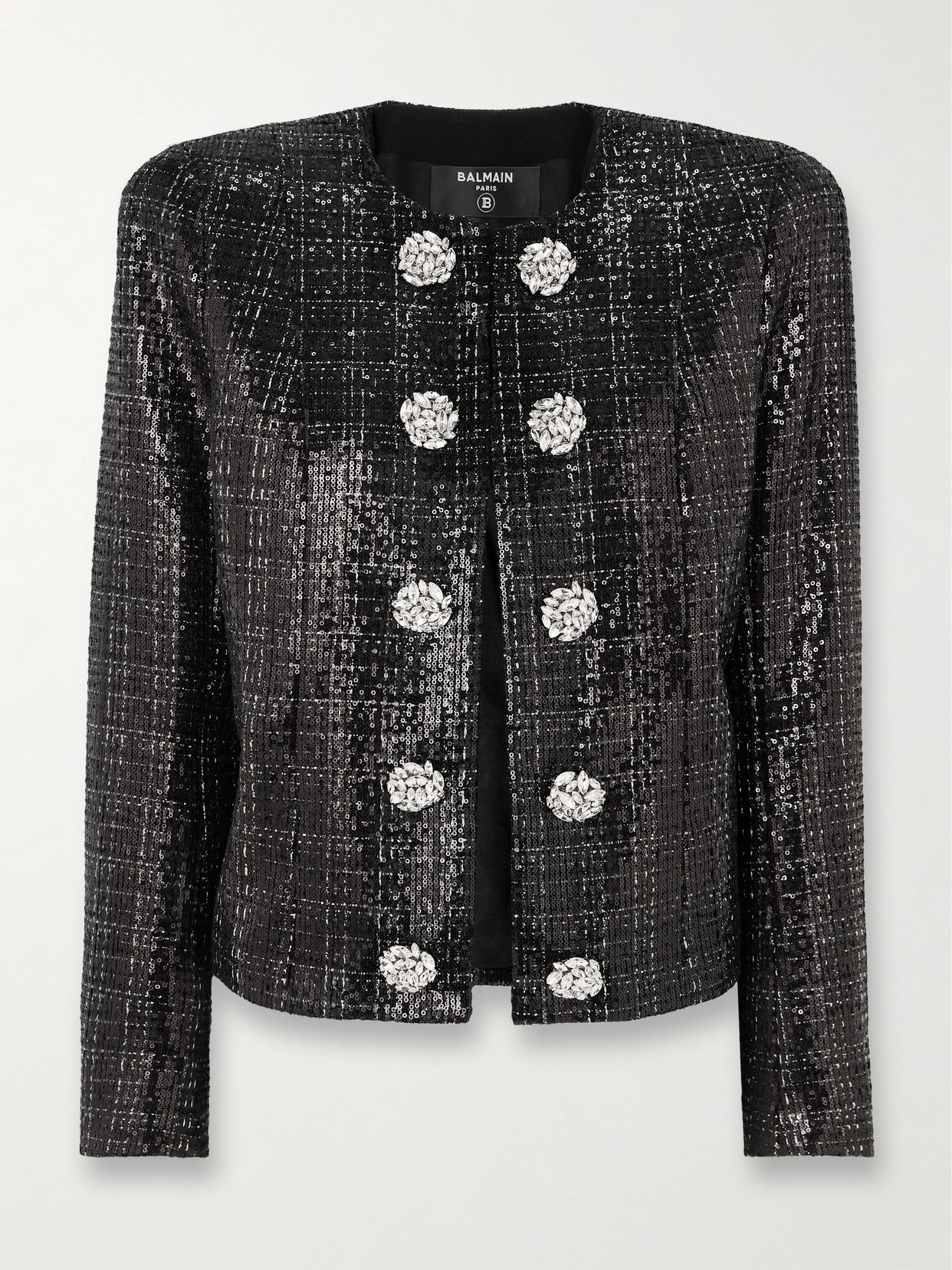 Shop Balmain Crystal-embellished Sequined Tweed Jacket In Black