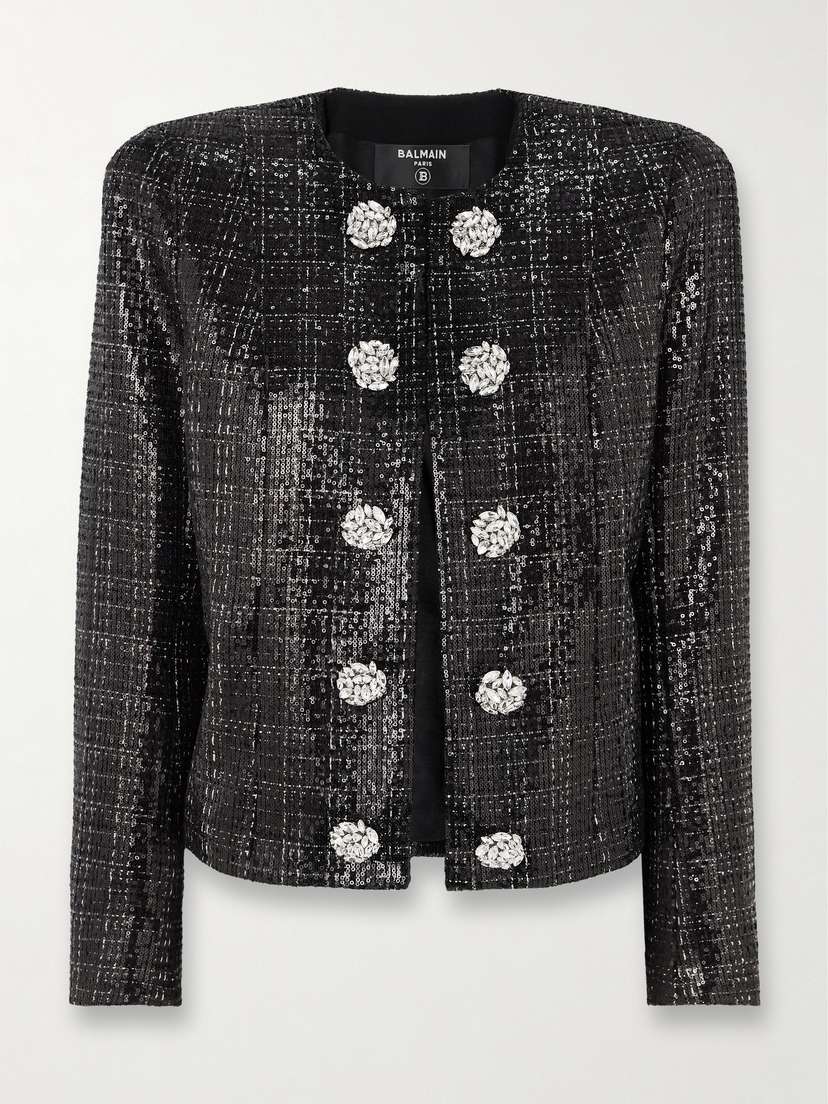 Balmain Crystal-embellished Sequined Tweed Jacket