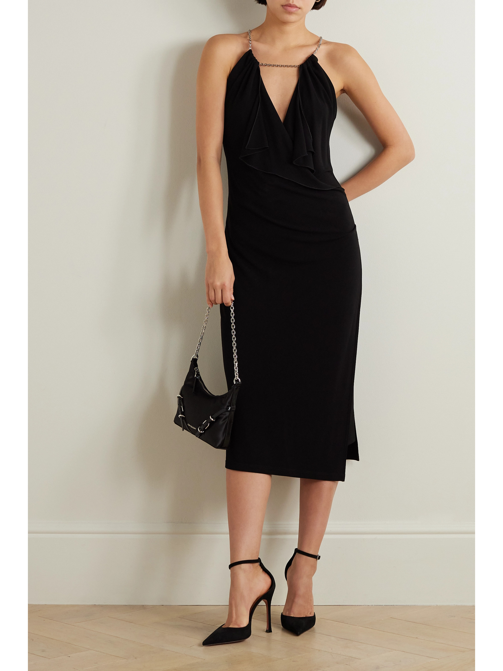Givenchy Chain-embellished ruffled crepe de chine midi dress