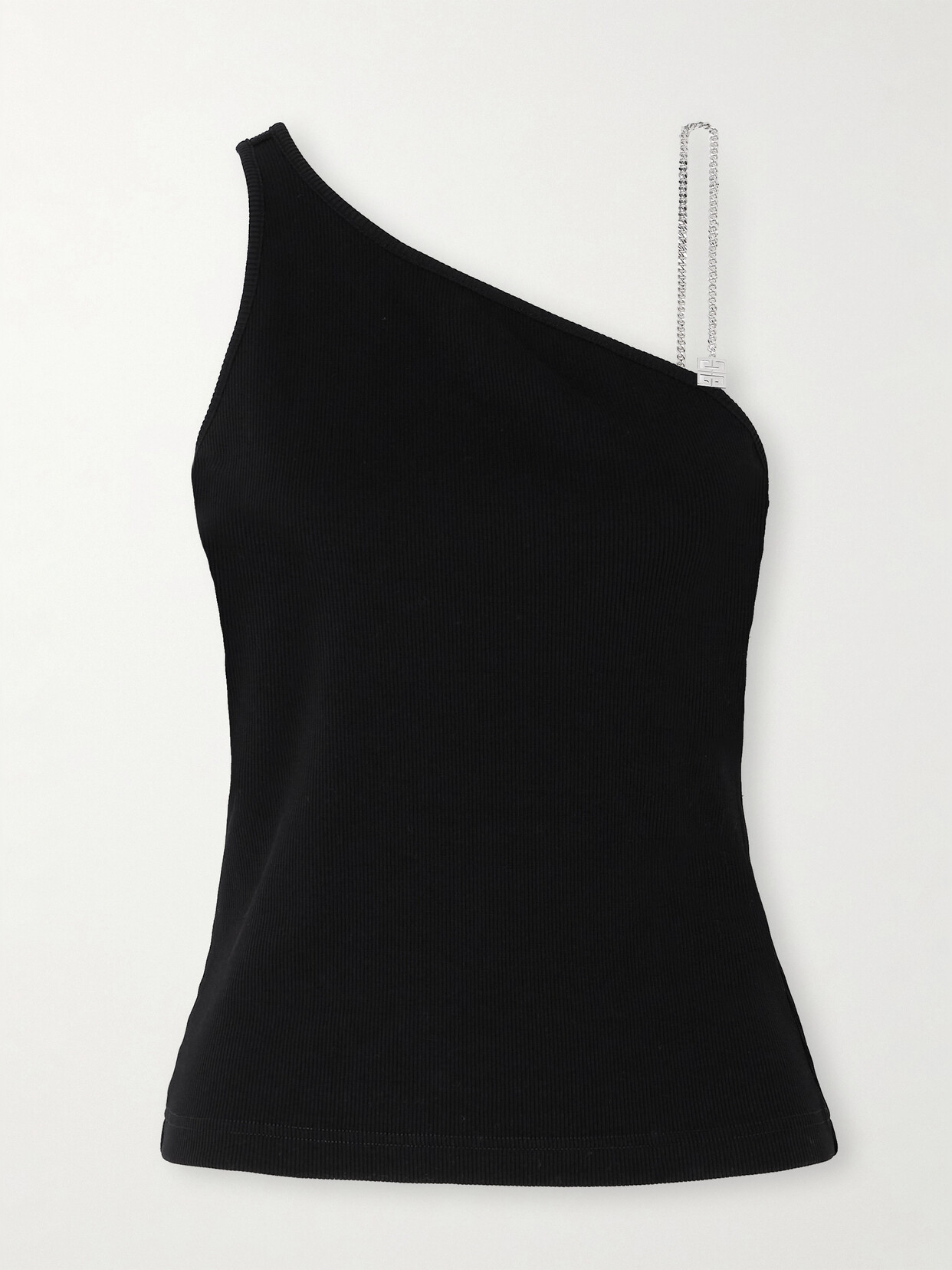 Shop Givenchy One-shoulder Chain-embellished Ribbed Cotton-blend Jersey Top In Black