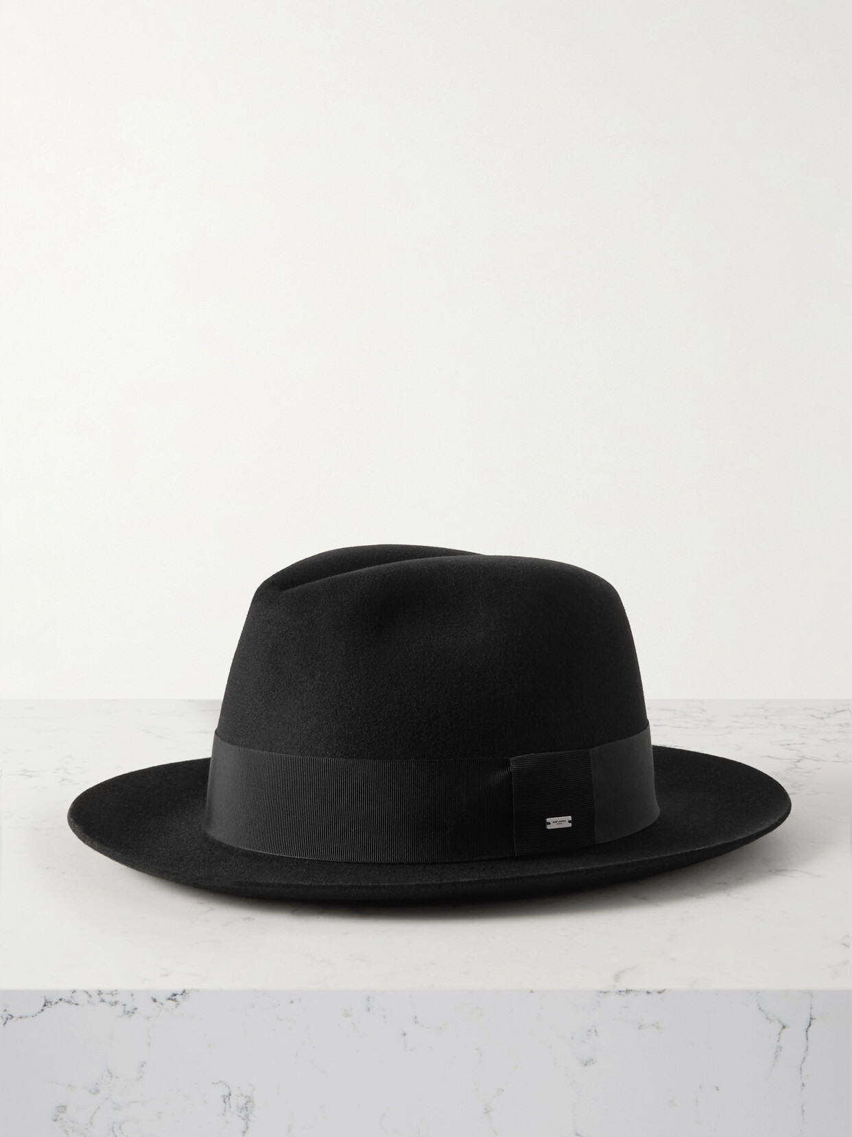 SAINT LAURENT Embellished Grosgrain-trimmed Wool Fedora - Black