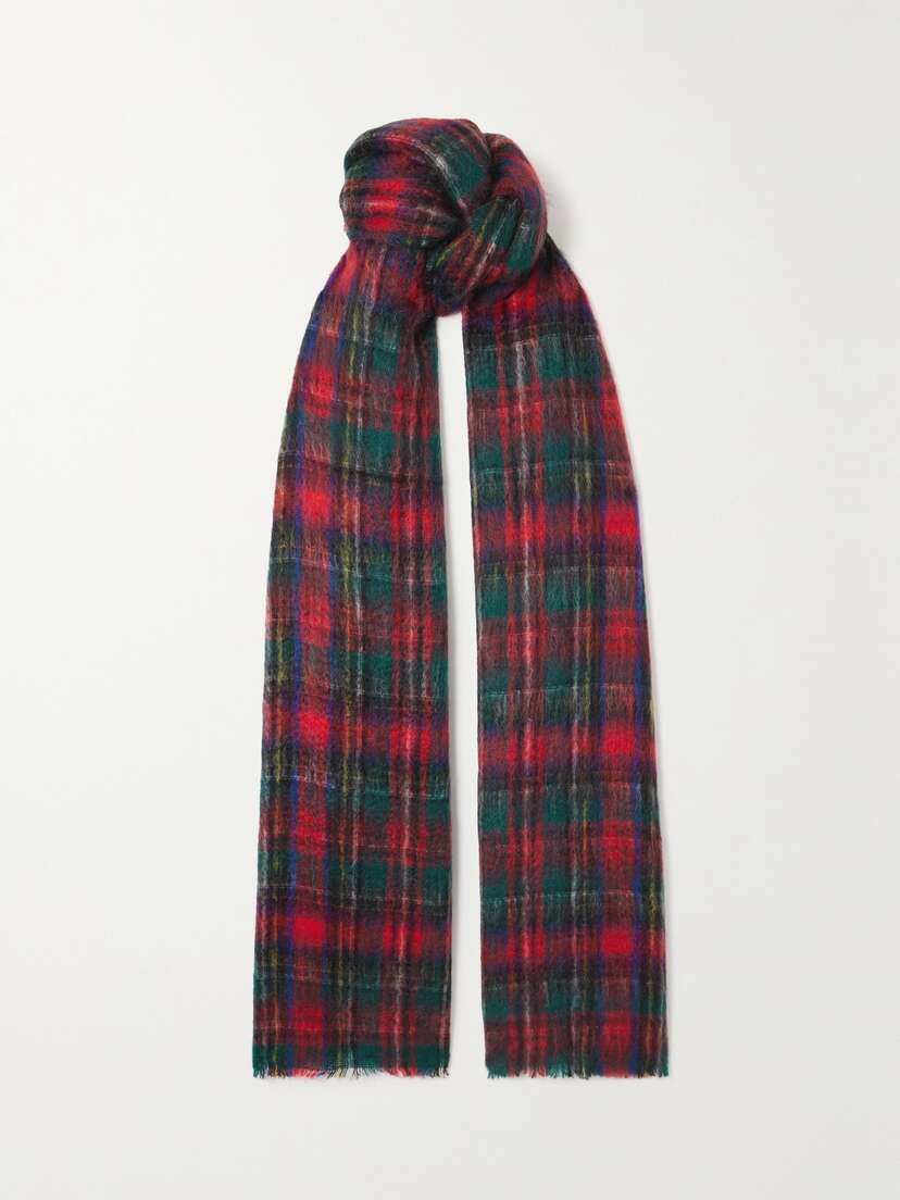 Saint Laurent Striped Fringed Tartan Mohair-blend Scarf